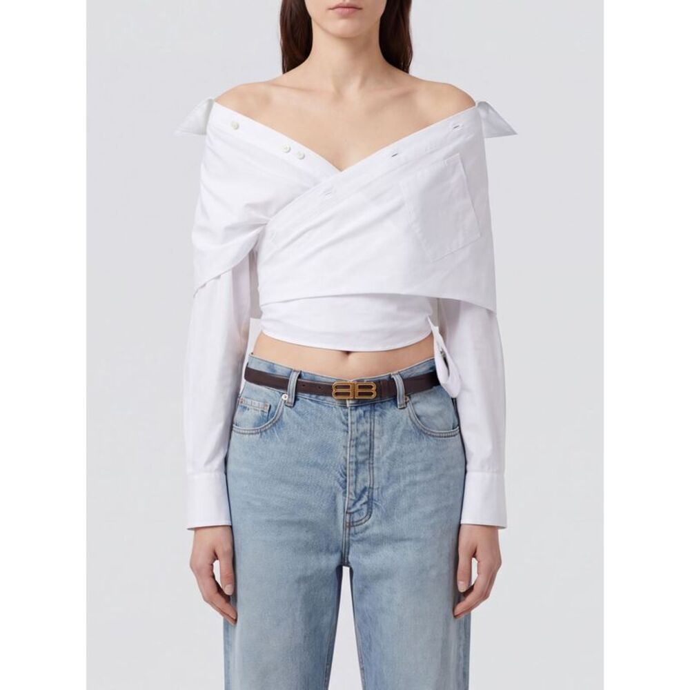 Balenciaga Women Cropped Ruched Cotton Long-Sleeved Shirt Balenciaga